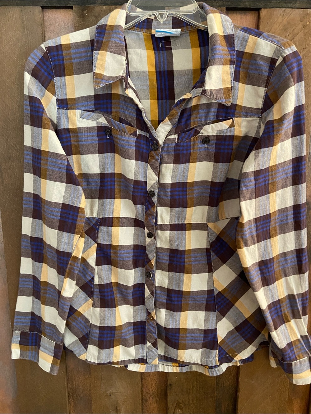 Columbia Plaid Button-Down Shirt in Brown, Blue & Cream Cowgirl Hiking